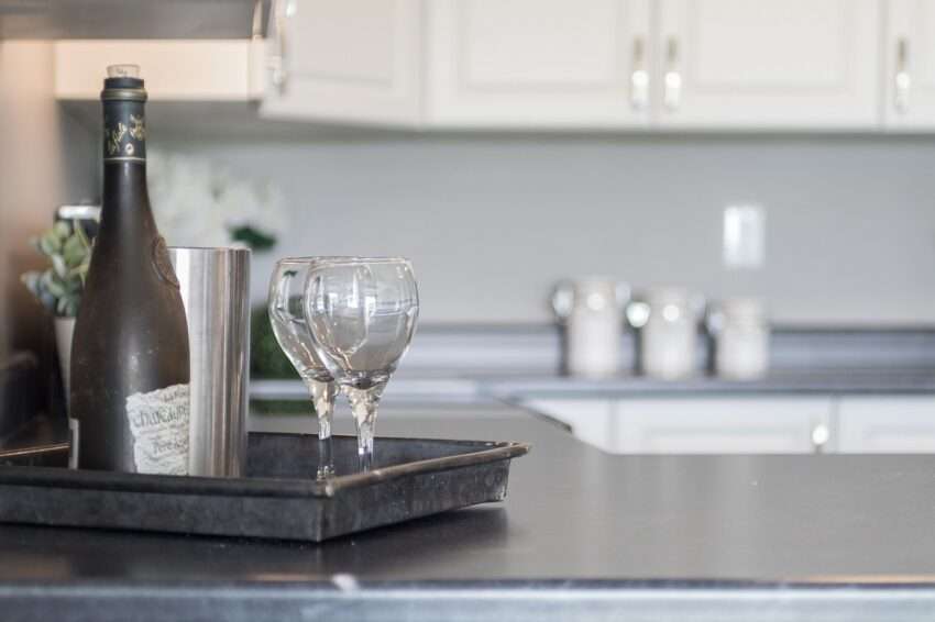 kitchen, wine, staging, real estate, flower wallpaper, food, home, wineglass, glass, tray, flower background, flowers, nature, canisters, sink, cabinet, white, gray food, gray home, gray kitchen, beautiful flowers, gray wine, gray glass, gray glasses